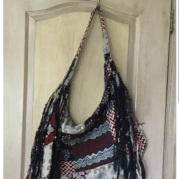Free People X Brenda Knight Road Trippin Fringed Beaded Shoulder Bag  Blue Multi - Picture 2 of 13